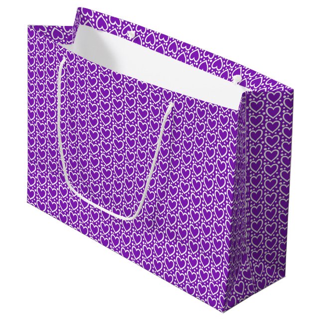 PURPLE & WHITE VALENTINES DAY HEARTS LARGE GIFT BAG (Front Angled)