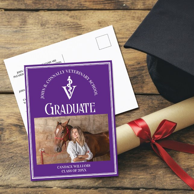 Purple White Veterinary School Photo Graduation Postcard (Creator Uploaded)