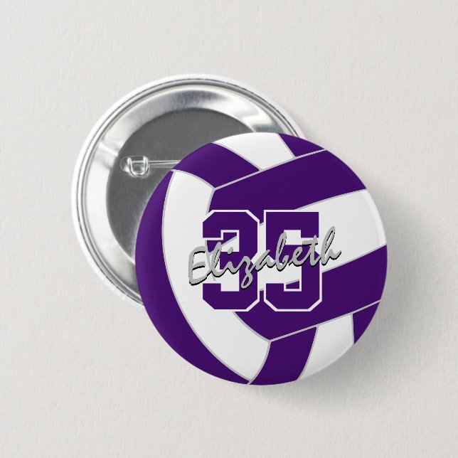 purple white volleyball team colours 2 inch round button (Front & Back)