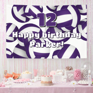 purple white volleyballs kids birthday party banner