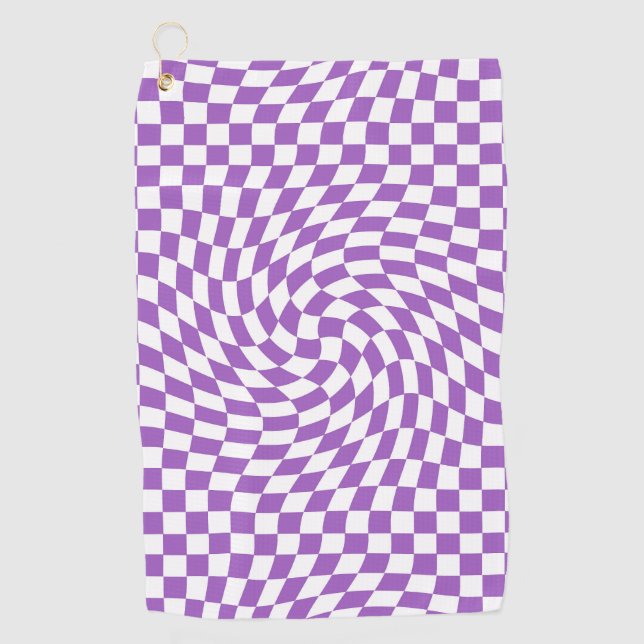 Purple & White Warped Chequered Chequerboard  Golf Towel (Front)