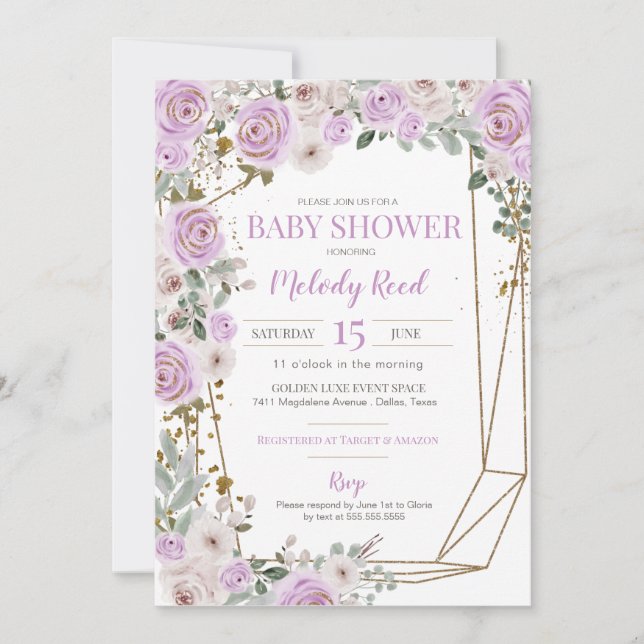 Purple & White Watercolor Flowers Girl Baby Shower Invitation (Front)