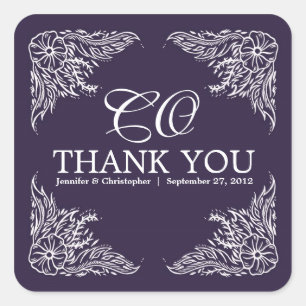 Purple & White Wedding Thank You Monogram Square Sticker