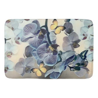 Purple white yellow orchid floral butterfly bath mat