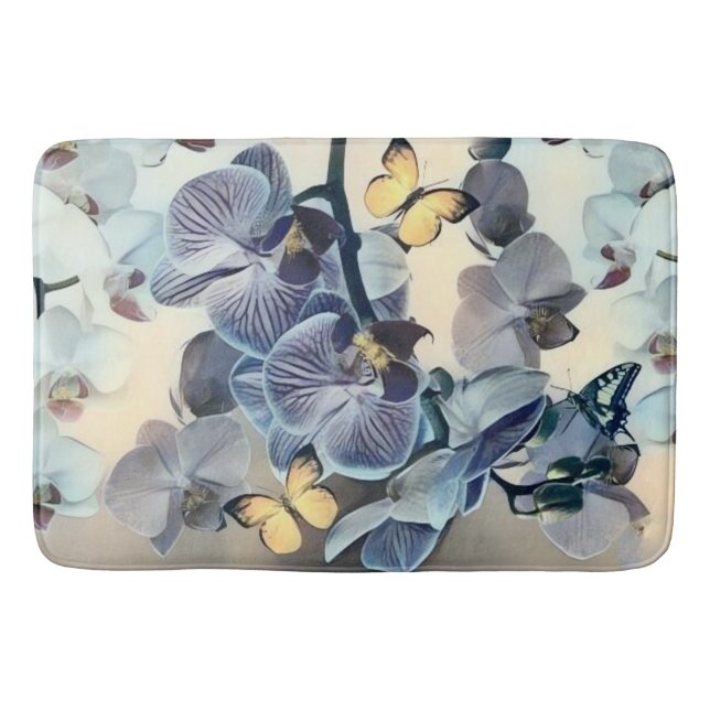 Purple white yellow orchid floral butterfly  bath mat (Front)