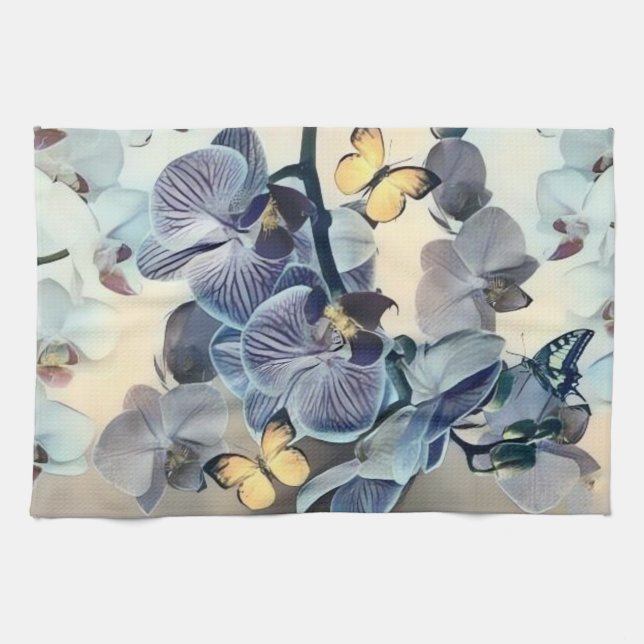 Purple white yellow orchid floral butterfly  kitchen towel (Horizontal)