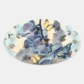 Purple white yellow orchid floral butterfly oval sticker