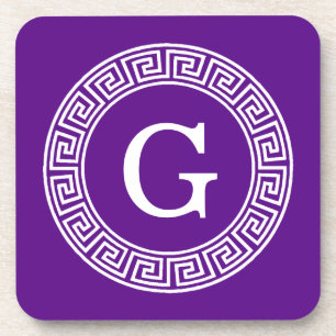 Purple Wht Greek Key Rnd Frame Initial Monogram Coaster