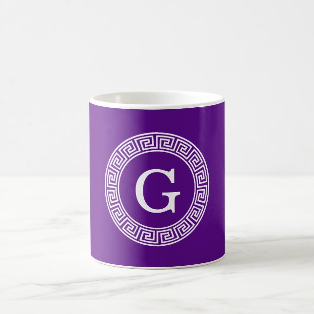 Purple Wht Greek Key Rnd Frame Initial Monogram Coffee Mug (Center)
