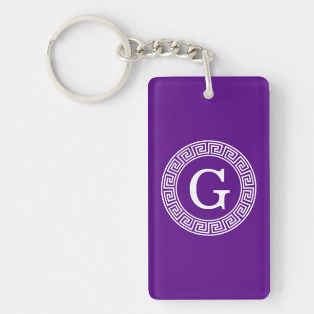 Purple Wht Greek Key Rnd Frame Initial Monogram Keychain (Front)