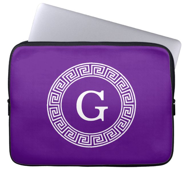 Purple Wht Greek Key Rnd Frame Initial Monogram Laptop Sleeve (Front)