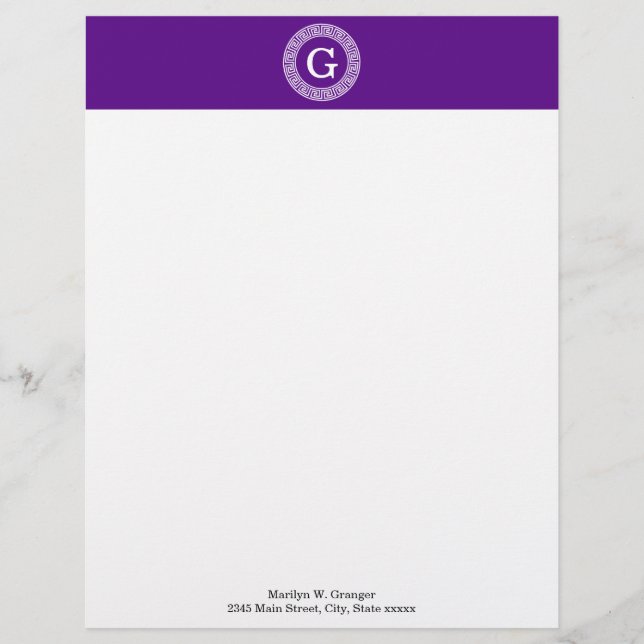 Purple Wht Greek Key Rnd Frame Initial Monogram Letterhead (Front)