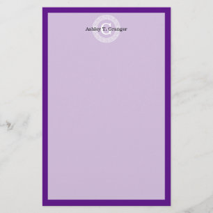 Purple Wht Greek Key Rnd Frame Initial Monogram Stationery