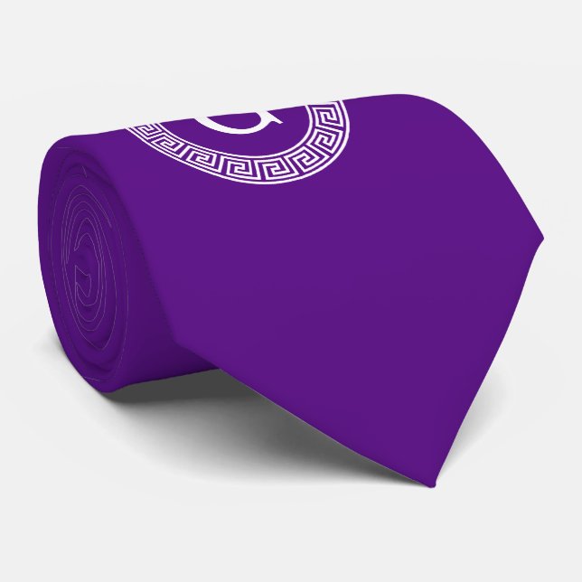 Purple Wht Greek Key Rnd Frame Initial Monogram Tie (Rolled)