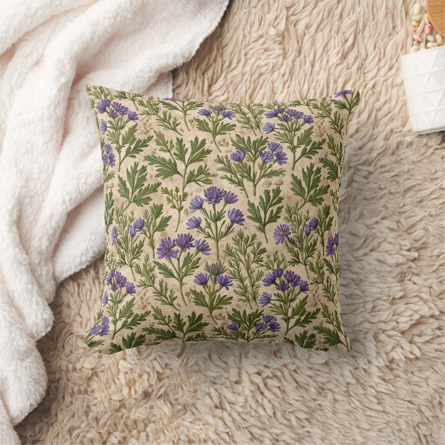 Purple Wild Asters Botanical Throw Pillow (Blanket)