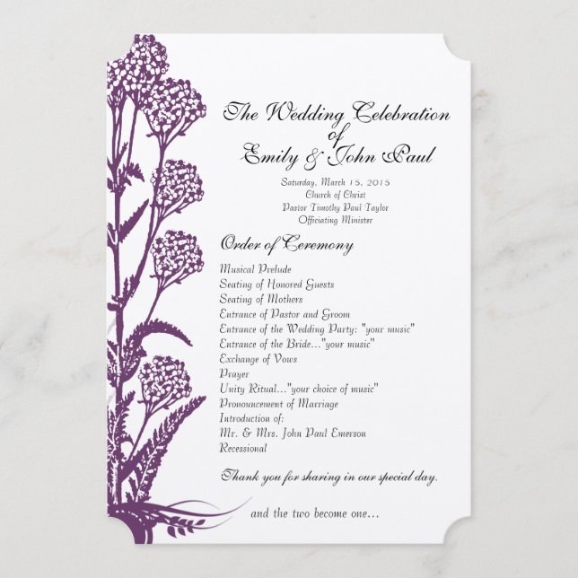 Purple Wild Flower Branch Wedding Program (Front)