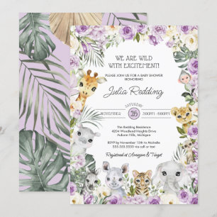 Purple Wild Jungle Safari Animals Baby Shower Invitation