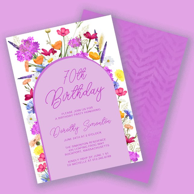 Purple Wildflower Boho Arch 70th Birthday Party In Invitation (Creator Uploaded)