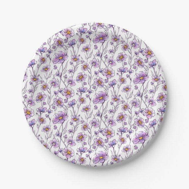 Purple Wildflower Botanical Pattern Design Paper Plate (Front)