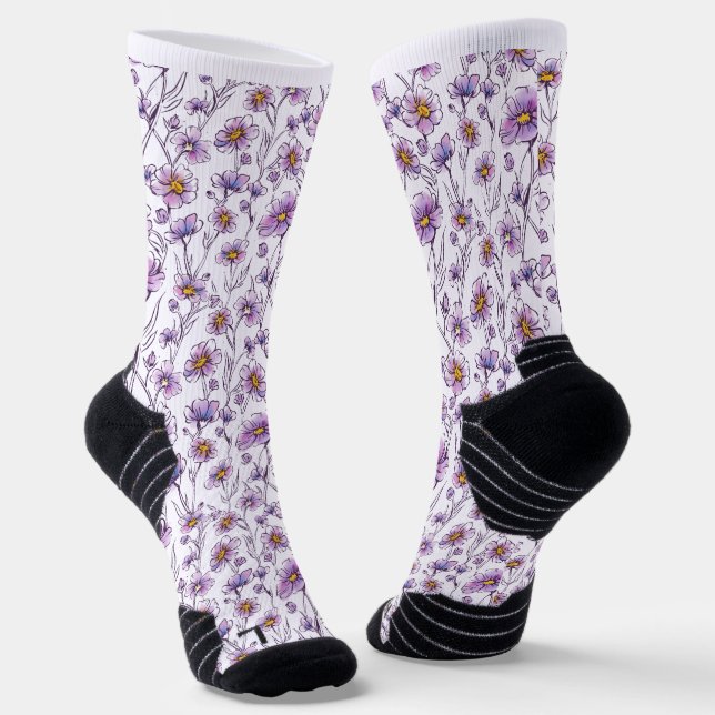 Purple Wildflower Botanical Pattern Design Socks (Angled)