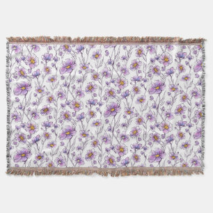 Purple Wildflower Botanical Pattern Design Throw Blanket