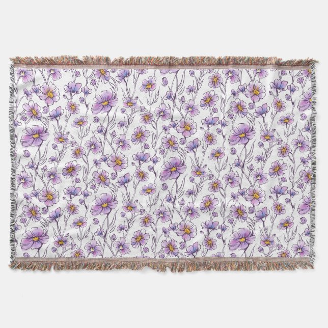 Purple Wildflower Botanical Pattern Design Throw Blanket (Front)
