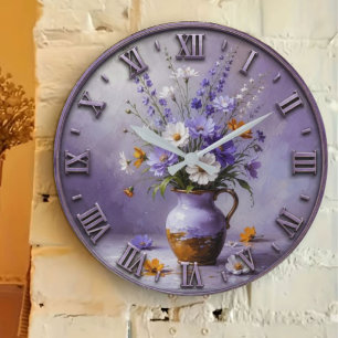 Purple Wildflower Bouquet Lavender Cottage Floral Large Clock