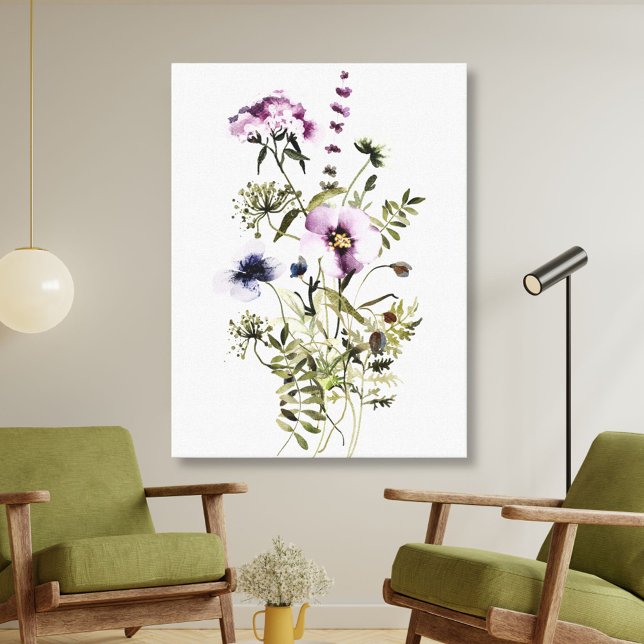 Purple Wildflower Bouquet Watercolor Floral Canvas Print (In situ)