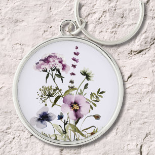 Purple Wildflower Bouquet Watercolor Floral Keychain