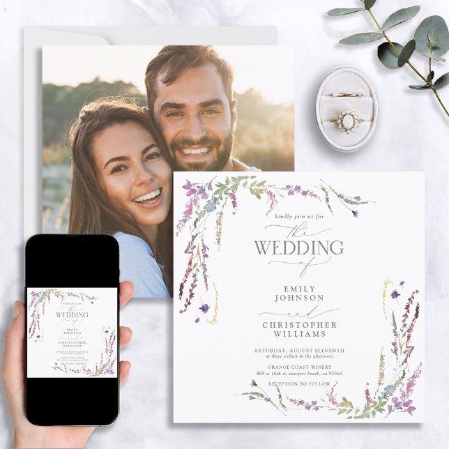 Purple Wildflower Calligraphy Photo Wedding Invitation (Creator Uploaded)