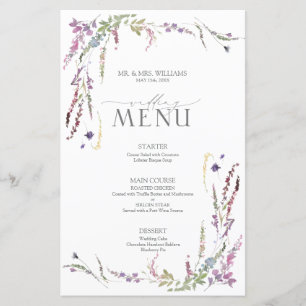 Purple Wildflower Calligraphy Wedding Menu