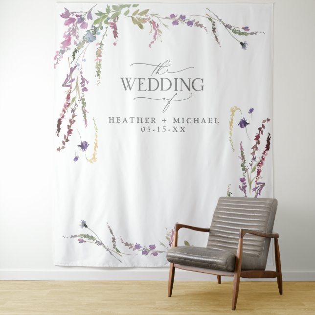 Purple Wildflower Calligraphy Wedding Photo Tapestry (In Situ)