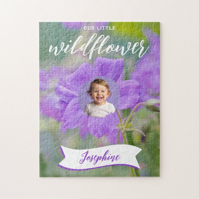 Purple Wildflower Custom Kid's Photo And Name Jigsaw Puzzle (Vertical)