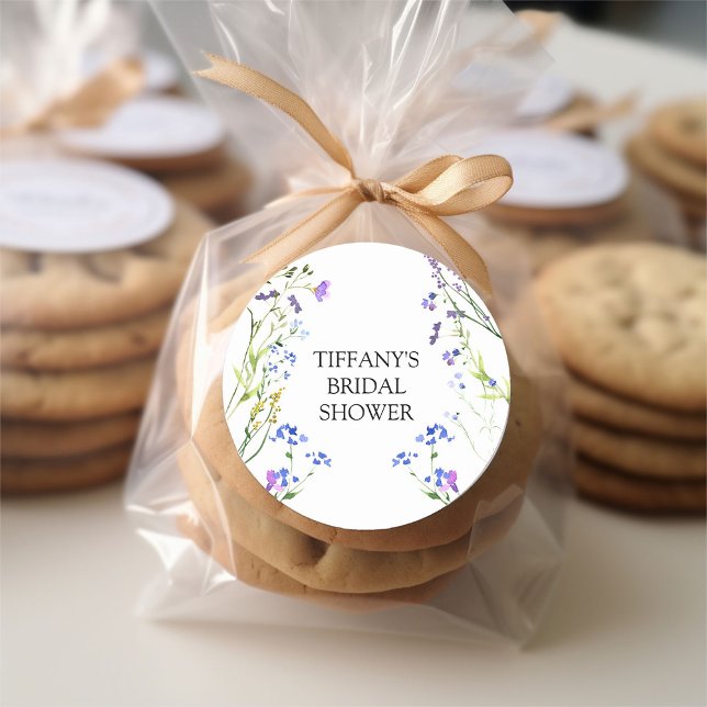 Purple Wildflower Delicate Floral Bridal Shower Classic Round Sticker (Purple Wildflower Bridal Shower Stickers from my Purple Wildflower Bridal Shower collection)