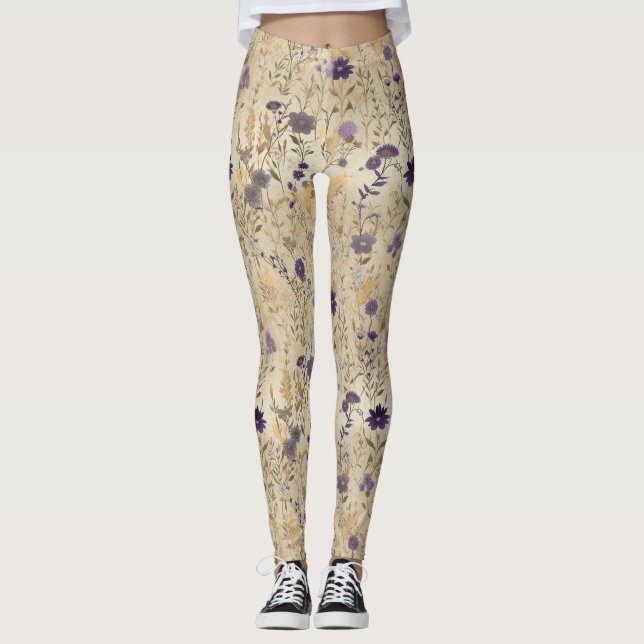 Purple wildflower Floral Pattern Leggings (Front)