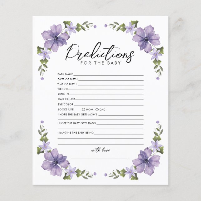 Purple Wildflower Prediction Baby Shower Game (Front)