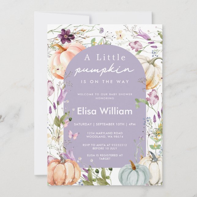 Purple Wildflower Pumpkin Baby Shower Garden Party Invitation (Front)