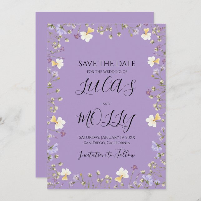 Purple Wildflower Summer Floral Wedding Save The Date (Front/Back)