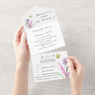 Purple Wildflower Watercolor Floral Wedding All In One Invitation