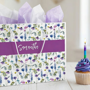 Purple Wildflower Watercolor Monogram Name Large Gift Bag