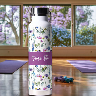 Purple Wildflower Watercolor Monogram Name Water Bottle