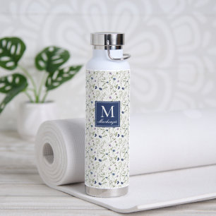 Purple Wildflower Watercolor Monogram Name Water Bottle
