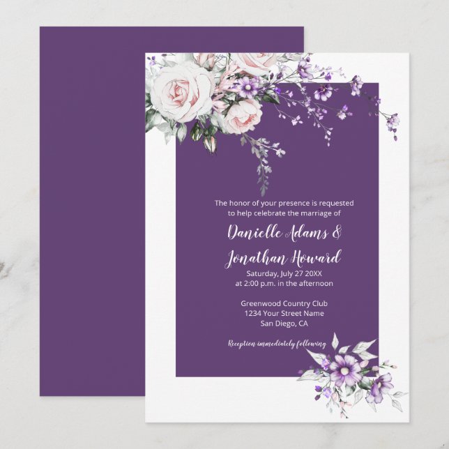 Purple Wildflowers Blush Pink Roses Wedding Invitation (Front/Back)