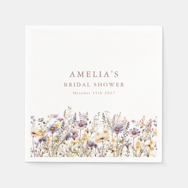 Purple Wildflowers Border Bridal Shower Custom Napkin (Front)