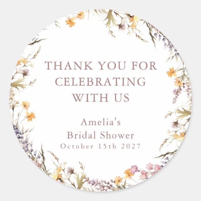Purple Wildflowers Bridal Shower Custom Thank You Classic Round Sticker (Front)