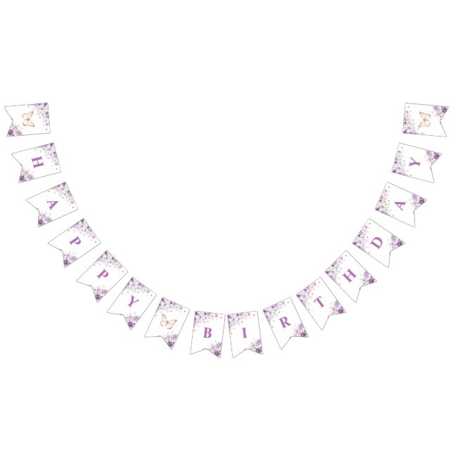 Purple wildflowers butterflies Happy birthday Bunting Flags (All)