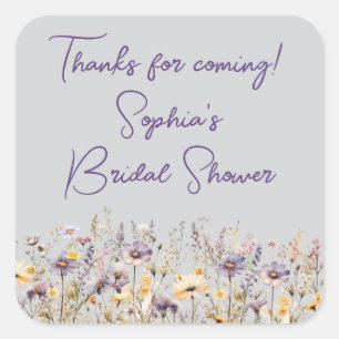 Purple Wildflowers Floral Grey Shower Favours Square Sticker