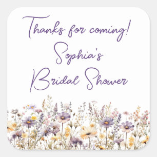 Purple Wildflowers Floral White Shower Favours Square Sticker