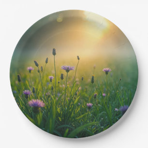Purple Wildflowers In Misty Meadow Paper Plate