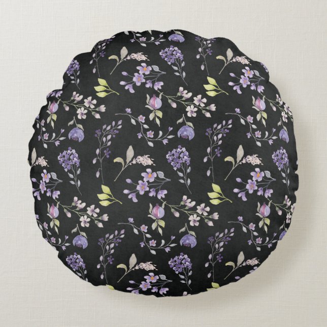 Purple Wildflowers on Black Round Pillow (Front)